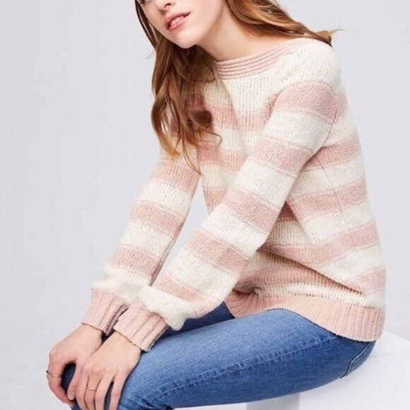 LOFT Sweaters - LOFT Sweater Beige Pink Stripe Boat Neck Pullover Tunic Long Sleeve